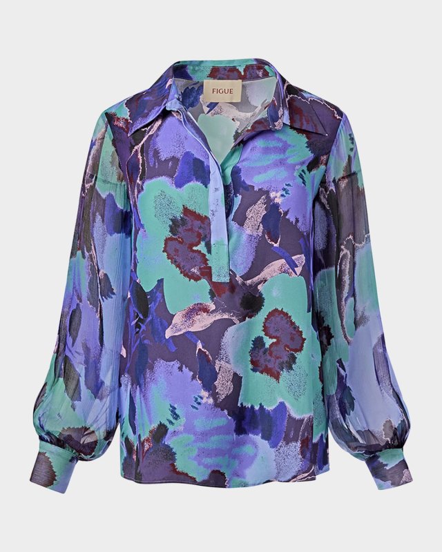 Paige Balloon-Sleeve Collared Silk Top